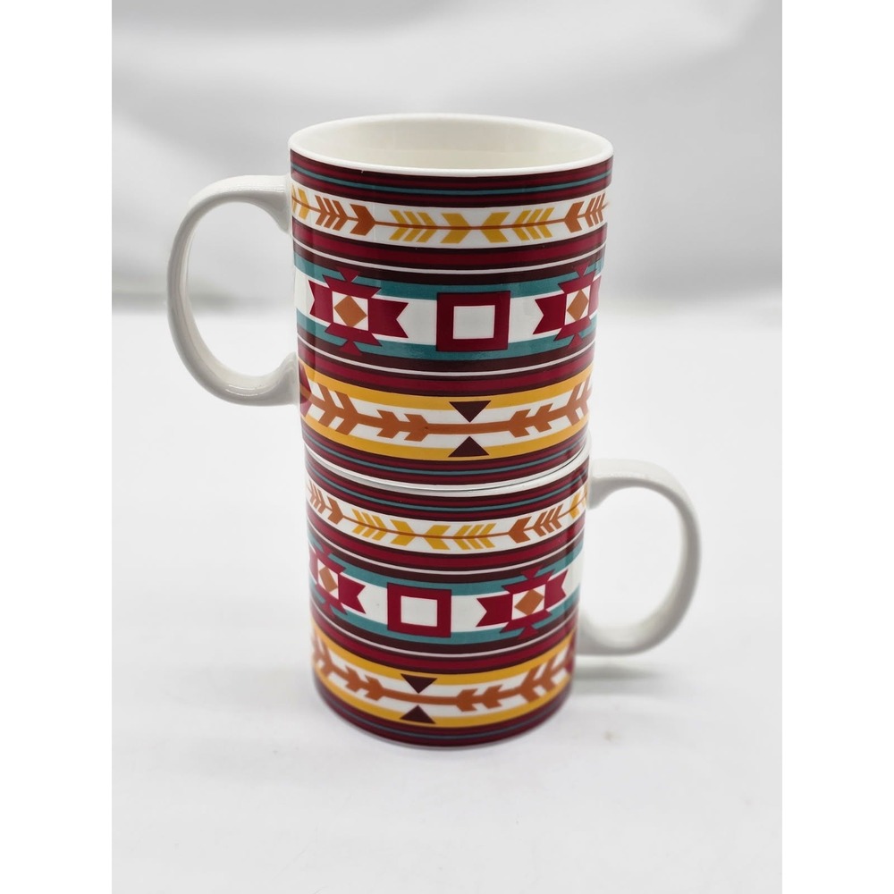 Clay Art Coffee Mugs Unisex Set of 2 Multicolor  Southwestern Tribal